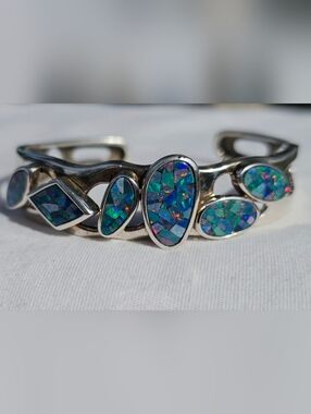 Whitney Kelly WK Sterling Silver Blue Fire Opal Mosaic Cuff Bracelet Statement